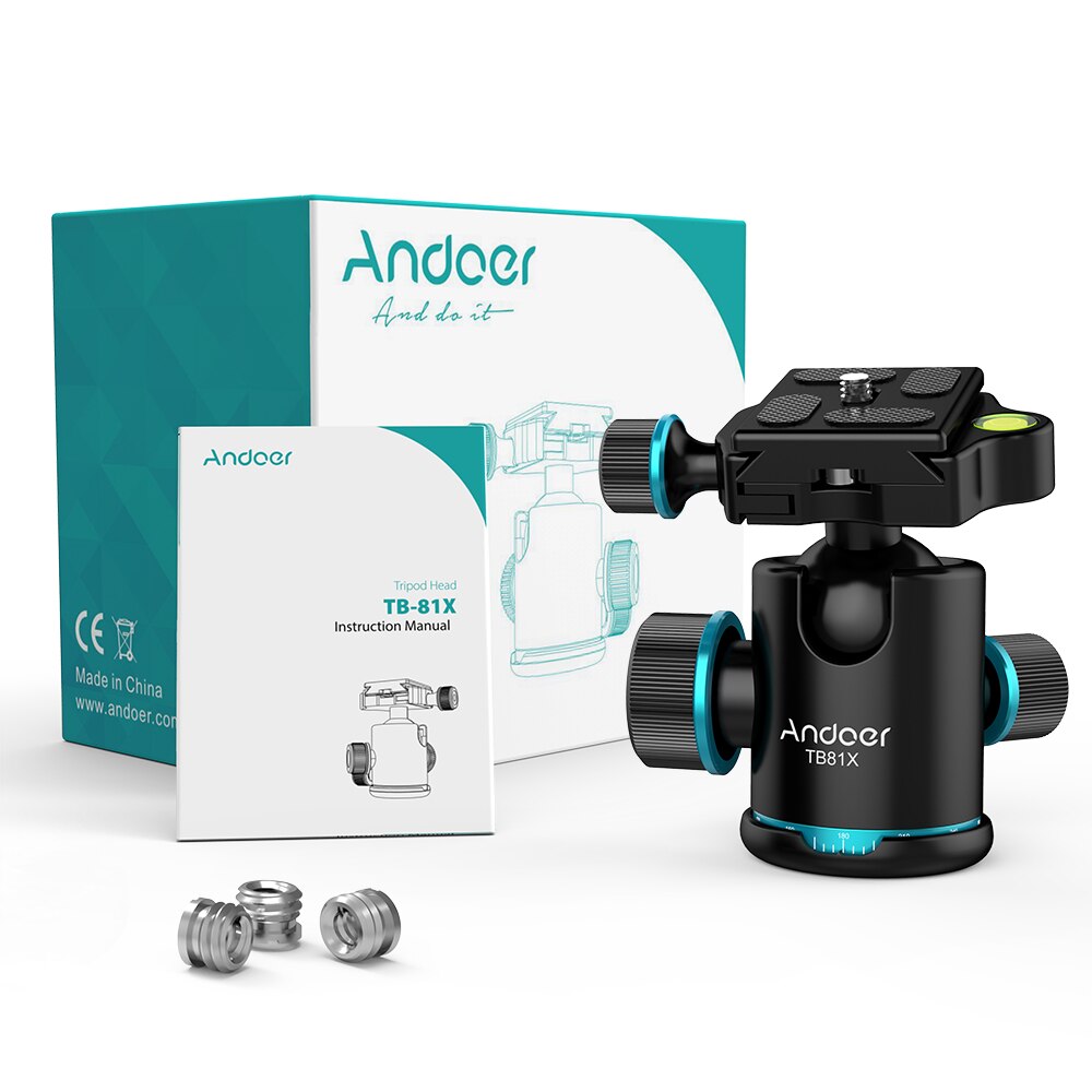 Andoer TB81X 360 Graden Roterende Panoramisch Balhoofd Voor Statief Monopod Met 3 Pcs 1/4 "Tot 3/8" Schroef adapters