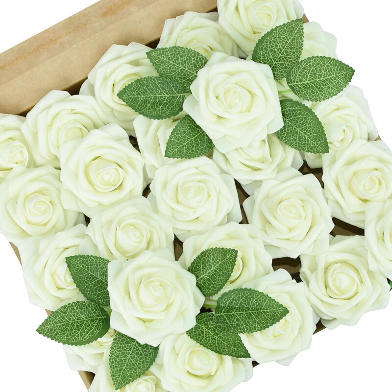 25 Pièces/boîte Mousse Artificielle Rose Fleurs avec des Feuilles Bouquets De Mariée De mariage De Décoration De Jardin de Partie Fausse Fleur BRICOLAGE Artisanat: beige