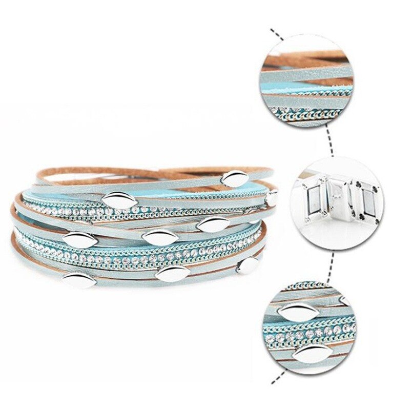 Multilayer Leather Leaf Bracelet Shiny Rhinestone Inlaid Women Charm Prom Jewelry
