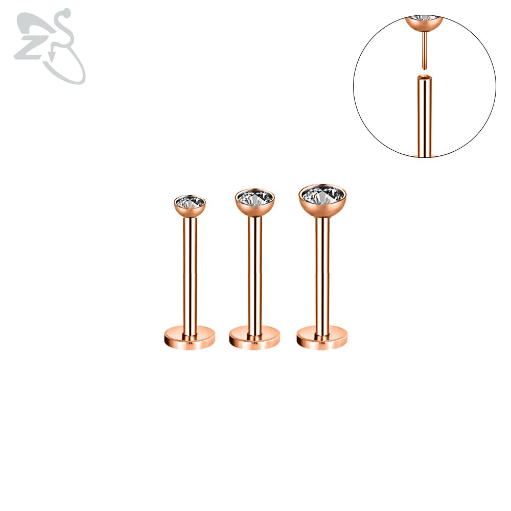 Zs 3 Stks/partij Cz Crystal Lip Piercing Set 6/8/10/12Mm Rvs Monroe Labret ringen Oor Tragus Helix Piercings Sieraden 16G: 17-10mm Rose gold