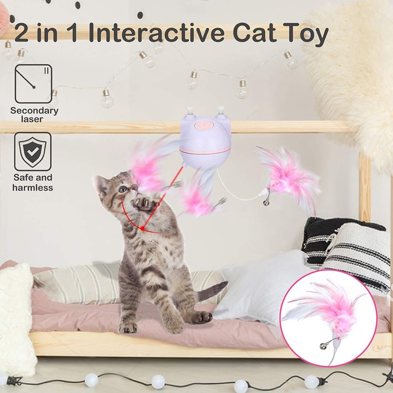 AFBC chat jouet 2 en 1 automatique rotatif pointeur jouet et interactif plume jouet avec cloche pour arbre à chat, chasse mains libres électronique