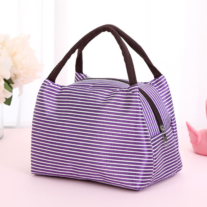 Leisure Women Portable Lunch Bag Canvas Stripe Insulated Cooler Bags Thermal Food Picnic Lunch Bags Box Kids Ice Pack Tote: Purple