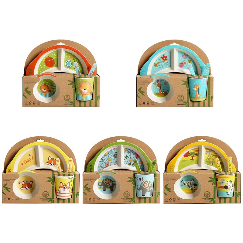 Bambou Fiber bébé dessin animé manger vaisselle enfants assiette enfant en bas âge alimentation plats enfants formation bol cuillère fourchette 5 pièces/ensemble: D