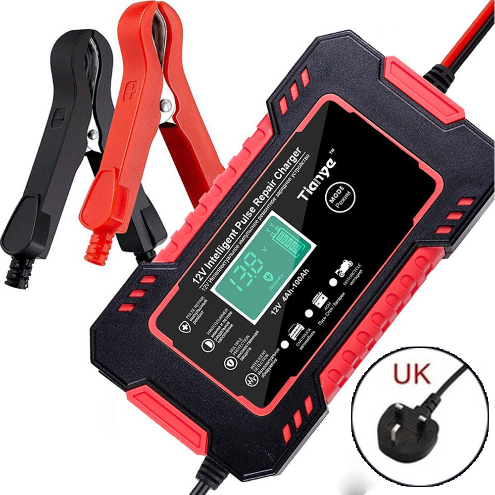 Auto Acculader 12V 6A Intelligent Snel Opladen Puls Reparatie Type Full Auto-Stop Dual-Mode Loodzuur voor Motorfiets: Red UK Plug