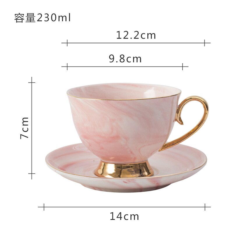 Marmor kaffekop og underkop sæt med glod håndtag keramisk te vand kop porcelæn genanvendelig latte cappuccino kopper 230ml: Lyserød