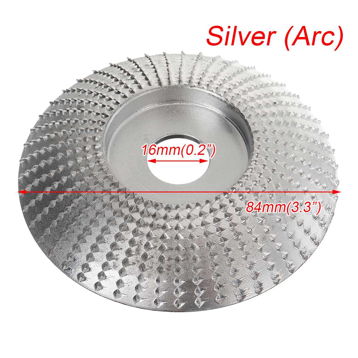 Ronde houten hoekslijpschijf schuurschijf haakse slijper wolfraamcarbide coating boring vormgeven schuren houtsnijwerk roterend gereedschap: Boog 84 mm x 16mm zilver
