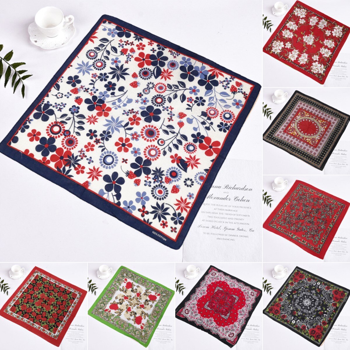 Bufanda tipo pañuelo de colores para mujer, pañuelo cuadrado Vintage con rosas, Bandanas rojas, estilo