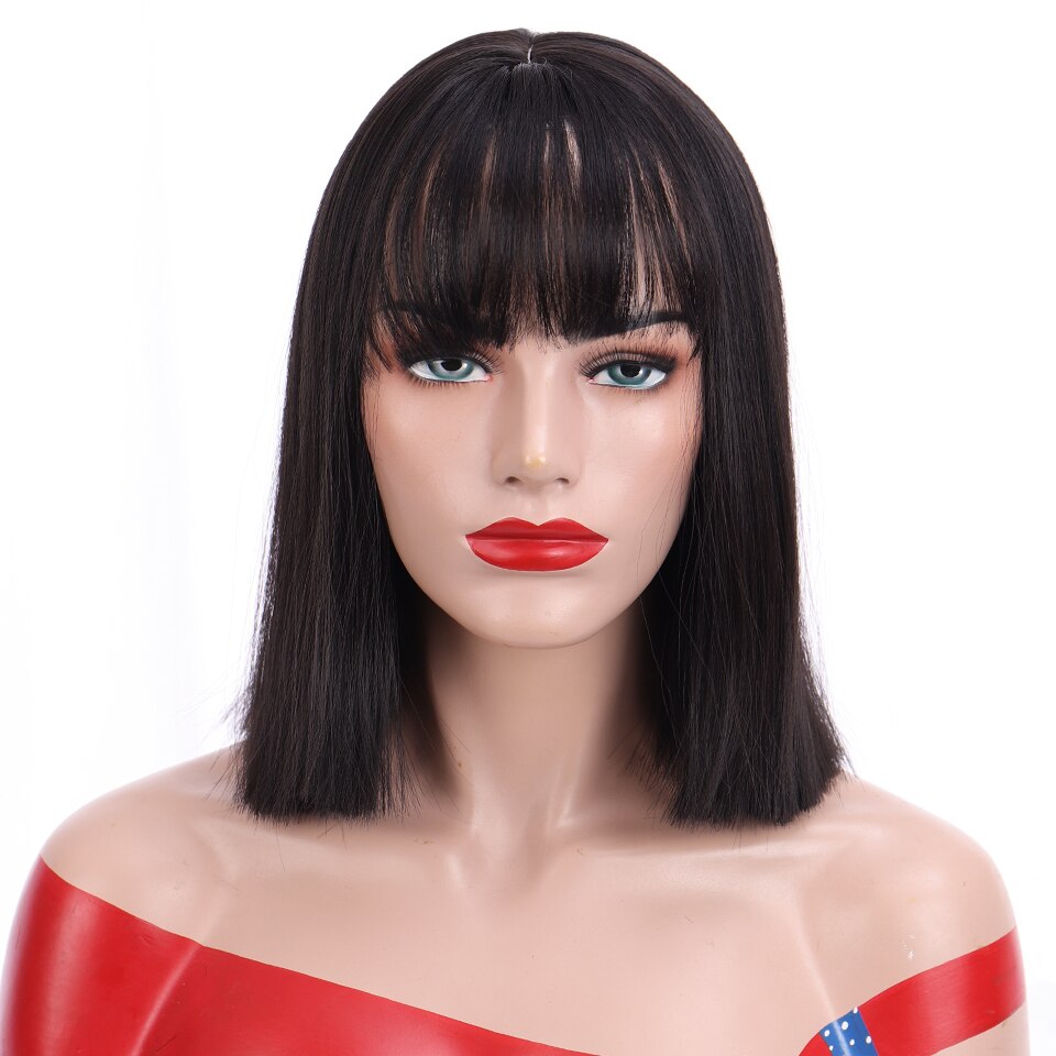 HOUYAN 12 inch straight short natural black wig with bangs women bob medium length heat resistant wig