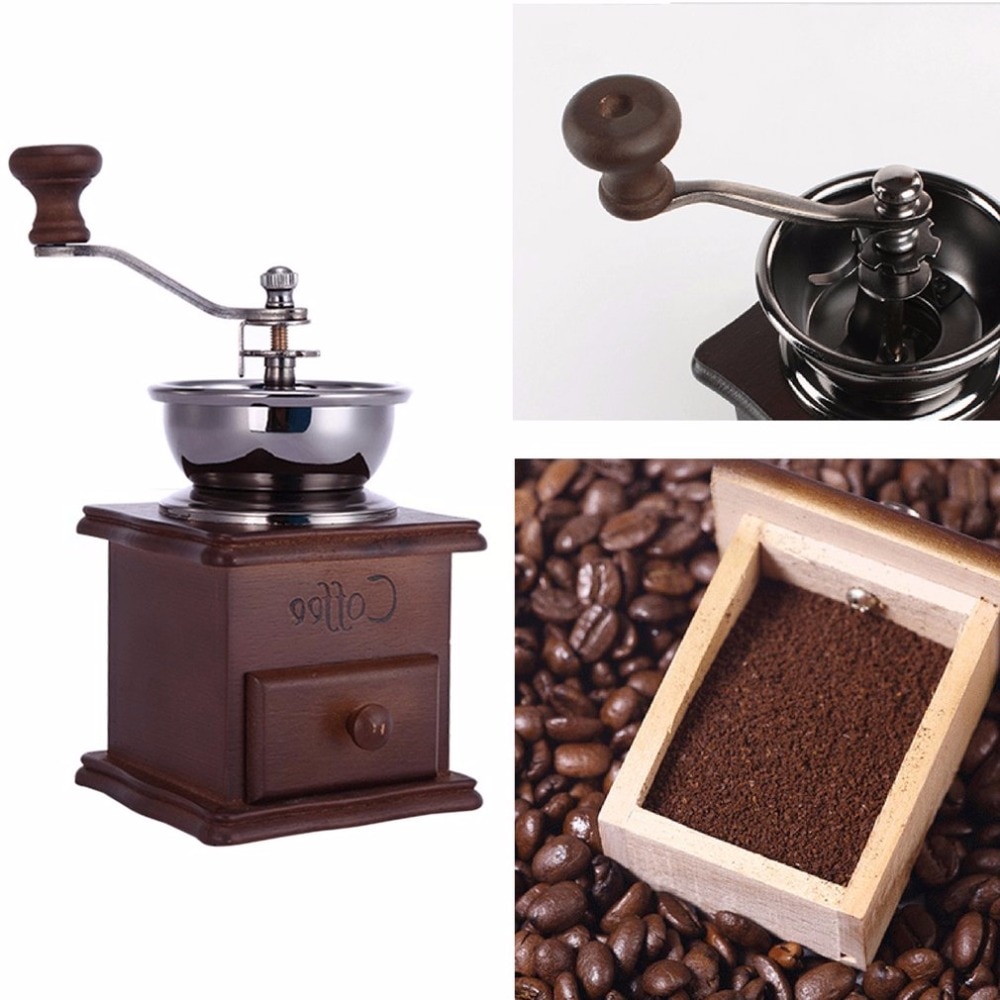 Antieke Huishoudelijke Handmatige Koffiemolen Koffiezetapparaat Koffieboon Grinder Rvs Met Houten Base Koffiemolen