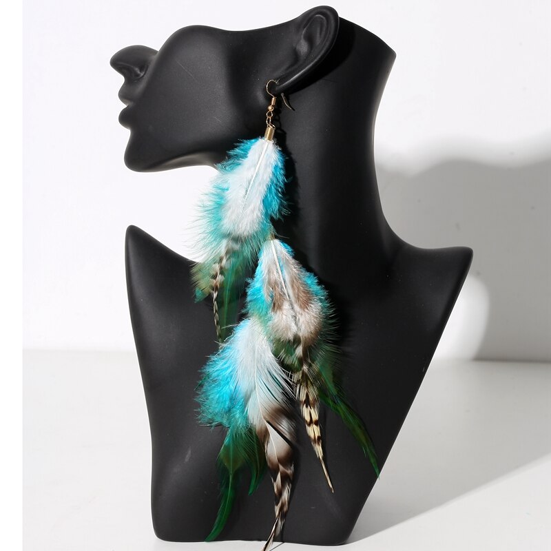 1PCBoho długi Retro pióro przesadzone kolczyki kobiety tajlandia Indian w kształcie kropli RhinestoneChainTassel kolczyki biżuteria ślubna: BRĄZOWA
