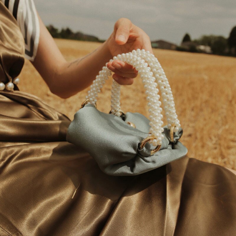 Toyoosky kvinder spandpose silke håndtasker damer solid dumpling taske perler perle top-håndtag poser vintage baguette form tote poser