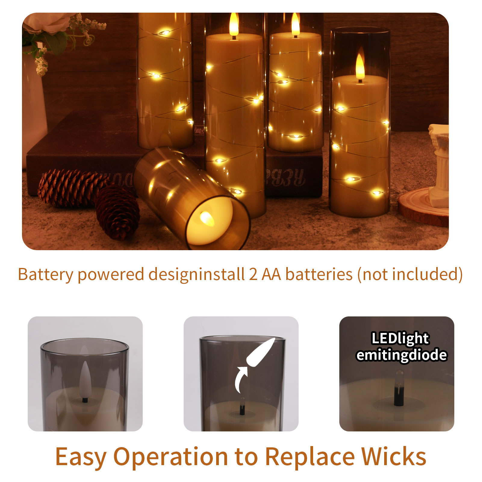 Ensemble de 5 bougies LED sans flamme avec guirlande lumineuse étoile intégrée, bougies pilier à piles avec minuterie à distance pour la décoration de la maison