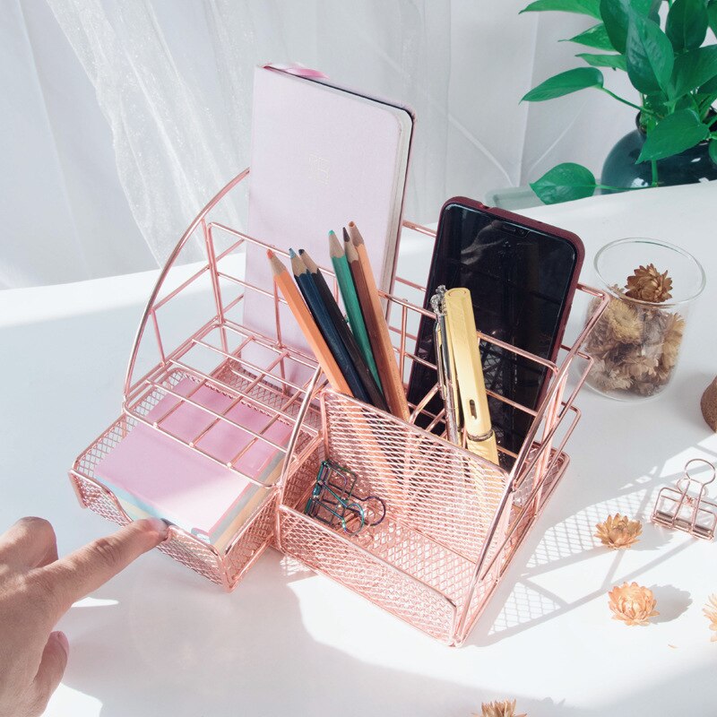 Rose Gold Desktop Storage Box Desk Magazine Rack with Pen Holder, Handmade Metal File Office Organizer Paper Tray Drawer Stor
