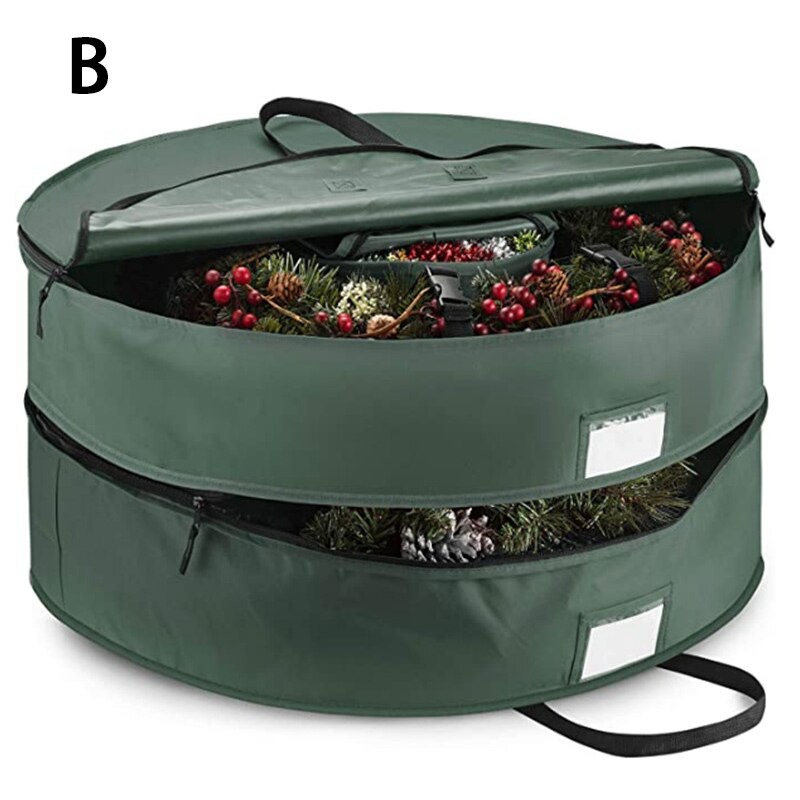 Double Premium Christmas Wreath Storage Bag 24/30/36" With Compartment Organizers For Xmas Garlands Durable Handles 600D Oxford: 24inch / Green  