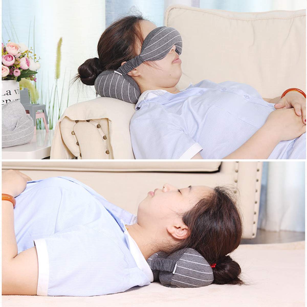 2 in 1 Multi-Function Travel Neck Pillow Eye Mask Storage Bag Portable Handle Adjustable Washable Pillow for Airplane Office