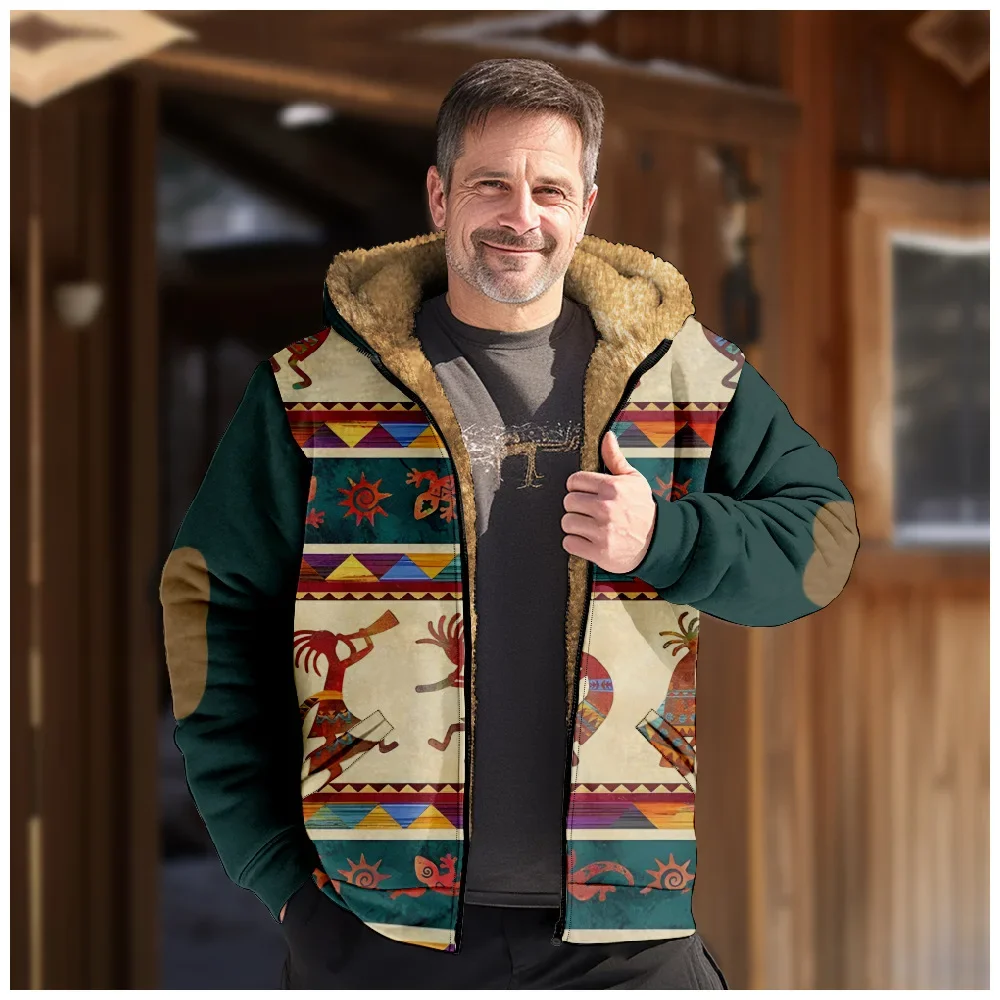 Chaqueta para hombre, cárdigans Retro nativo americano, abrigos de invierno de lana gruesos con estampado para caza al aire libre, ropa de calle para hombre