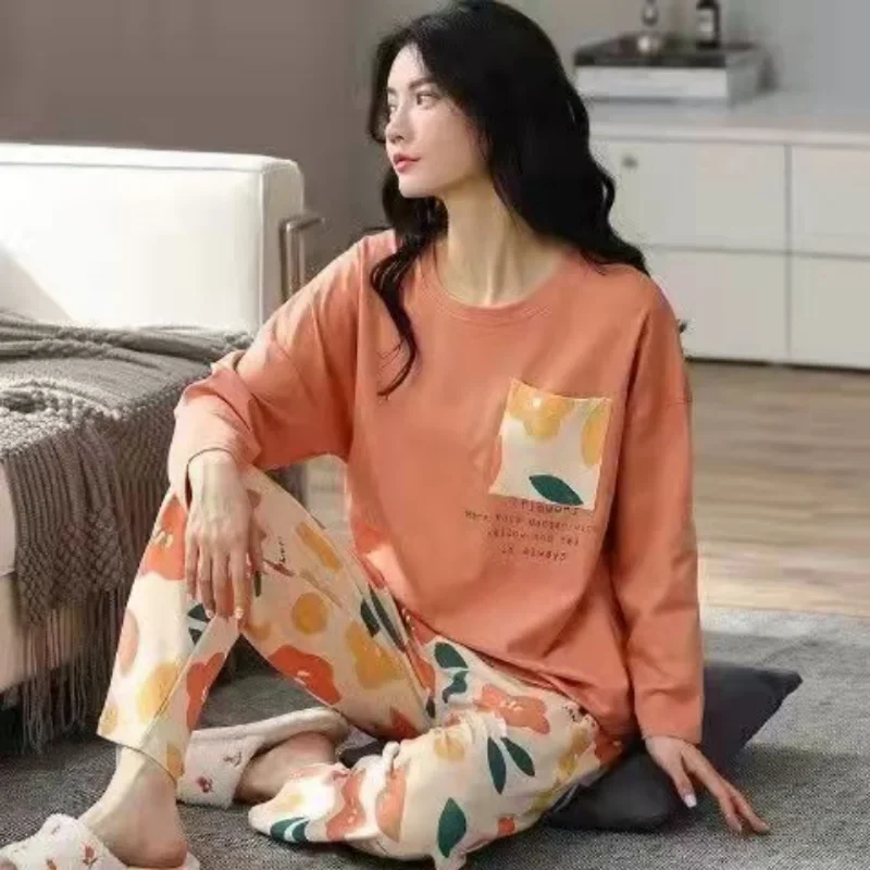 Kvinders pyjamas forår og efterår langærmet efterår og vinter hjemmetøj plus size enkelt løstsiddende jakkesæt overtøj