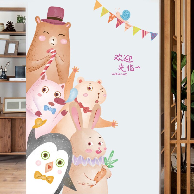 Tofok schattige dieren cartoon deurstickers voor kinderkamers slaapkamer huis muurschilderingen doe-het-zelf safari muursticker beer konijn kastdecoratie
