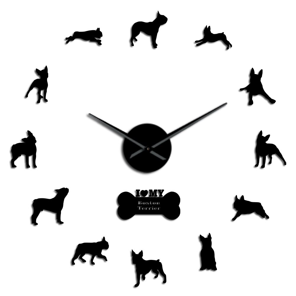 Boston Terrier Hond Ras Wall Art Home Decor Grote Wandklok Boston Bull Terrier Giant Wandklok Met Grote Naald klok Handen: Black / 47 Inch
