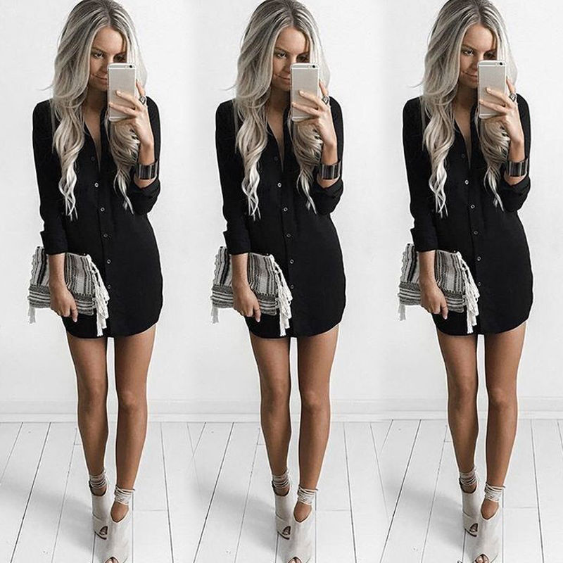 Dames overhemdjurk zomer casual losse lange mouw blousejurk vakantiejurken vestidos: B / Xl