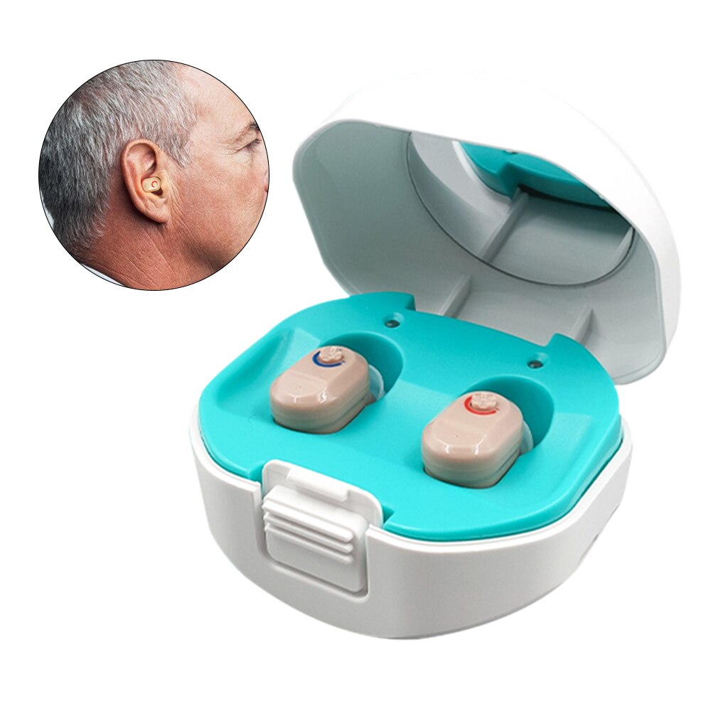 Bedste mini ørehøreapparater i øret usynlige høreapparatassistent justerbar lydforstærker til døve ældre: Et par hud