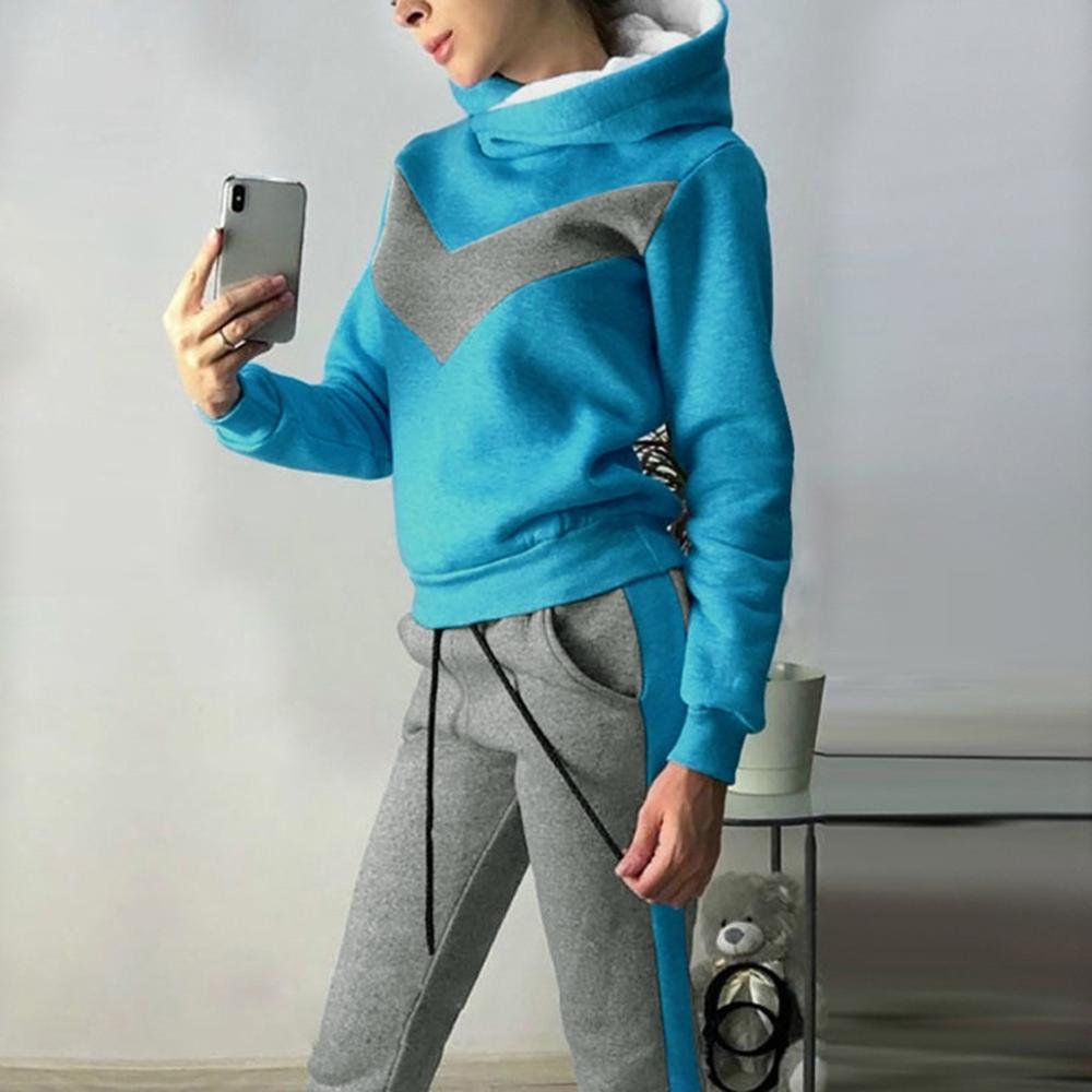 Casual Warm Winter Clothes Two Piece Set Women Sport Pullover Sweatshirt Hoodie Tracksuit Women Tops Pants Ropa Mujer Femme: Blue / L