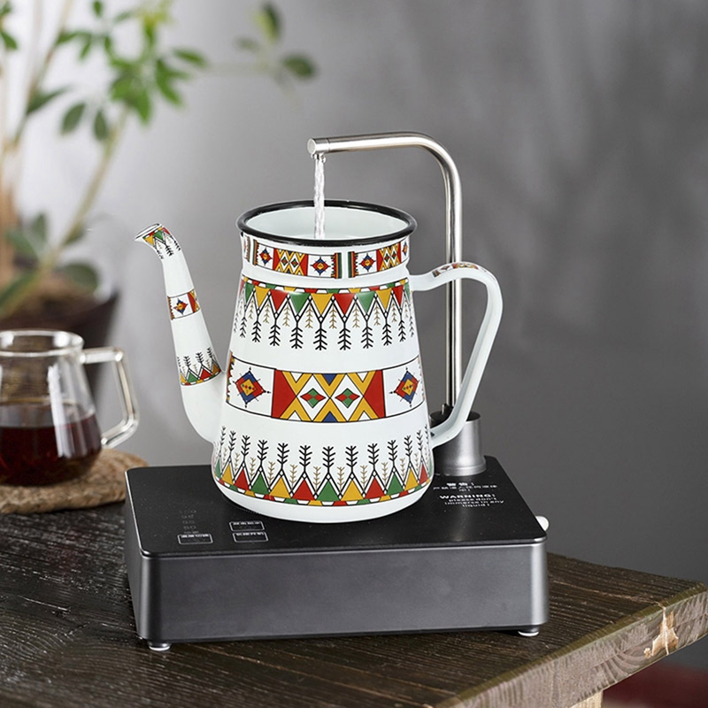 1.2L Enamel Coffee Pot Pour Over Milk Water Jug Pitcher Barista Teapot Kettle for Gas Stove and Induction Cooker