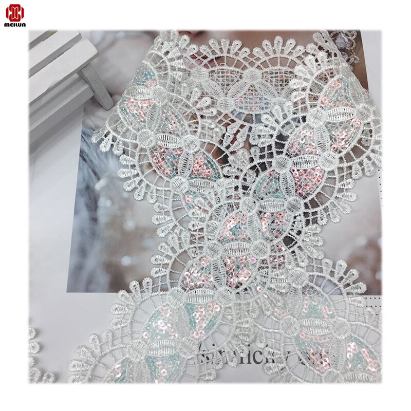 White Ivory Wedding Lace Fabric Bridal Lace Appliqued Border Flower Sequined Embroidered Fabric Sewing Apparel Lace Trims