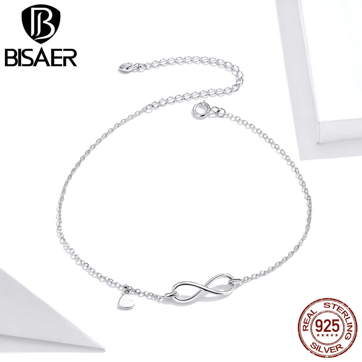 BISAER Anklets 925 Sterling Silver Infinity Love Geometric Heart Chain Anklets For Women Feet Leg Chain Link Fine Jewelry HST019