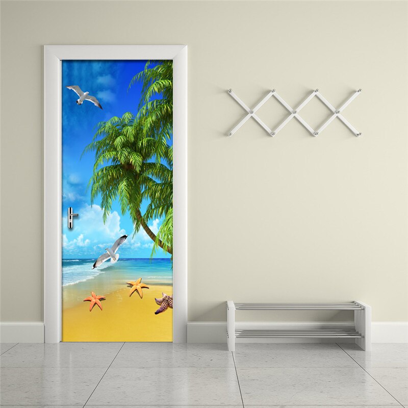 PVC Self-Adhesive Waterproof Door Sticker Seaside Beach Landscape Wallpaper 3D Wall Mural Home Decor Door Decals Vinyl Stickers