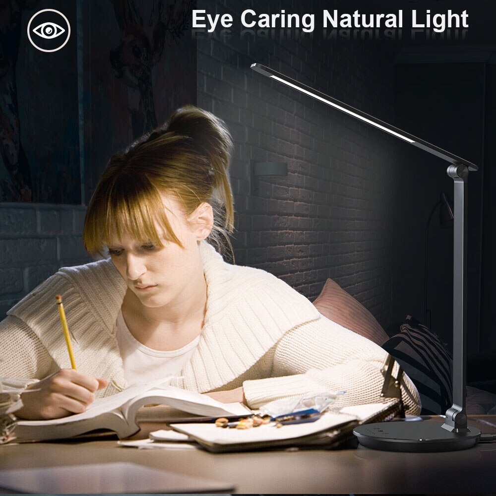 LED Desk Lamp with USB Charging Port Touch Switch Dimmable Office Lamp 5 Color Modes 60min Timer 7W Eye-caring Table Lamp