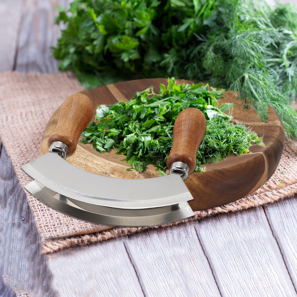 Salad Chopper With Wood round Herb Board Mezzaluna Knife with Handle Stainless Steel Chopper Vegetable Cutter Onion Chopper