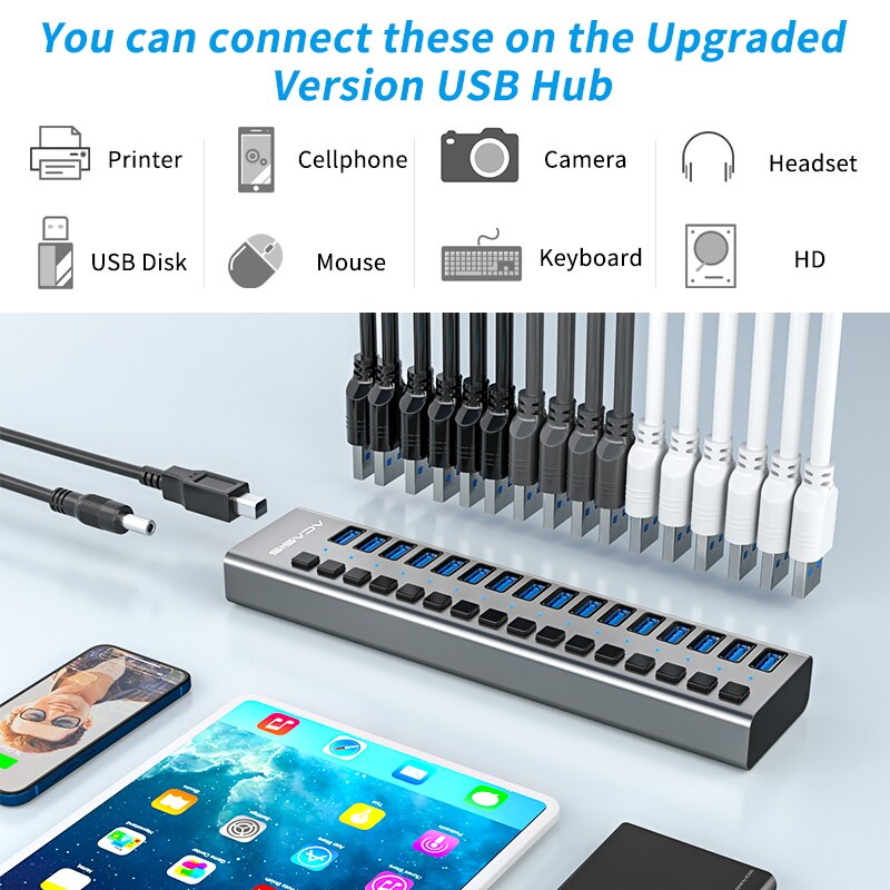 Acasis Multi-Ports Powered USB 3.0 HUB USB Extension with On/Off Switches 15V Adapter Support Splitter Computer Accessories