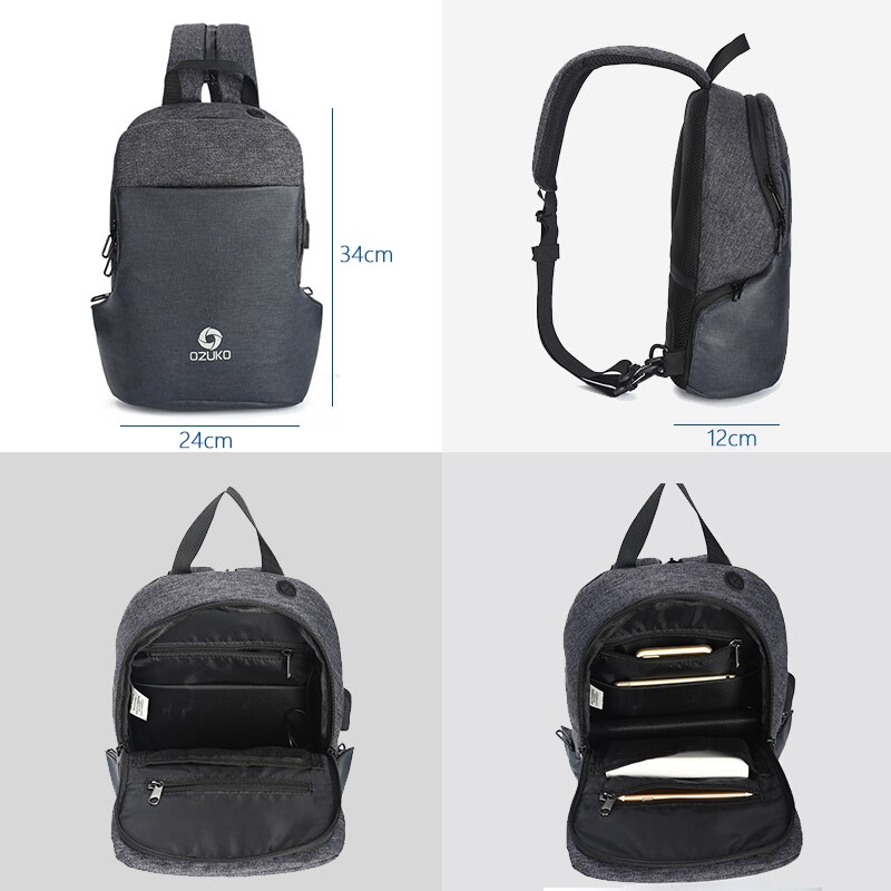 OZUKO Multifunctionele Borst Pakken Mannen Mode Schoudertas Crossbody Tas Mannelijke Waterbestendig Borst Zakken USB Opladen Reizen Sling Bag