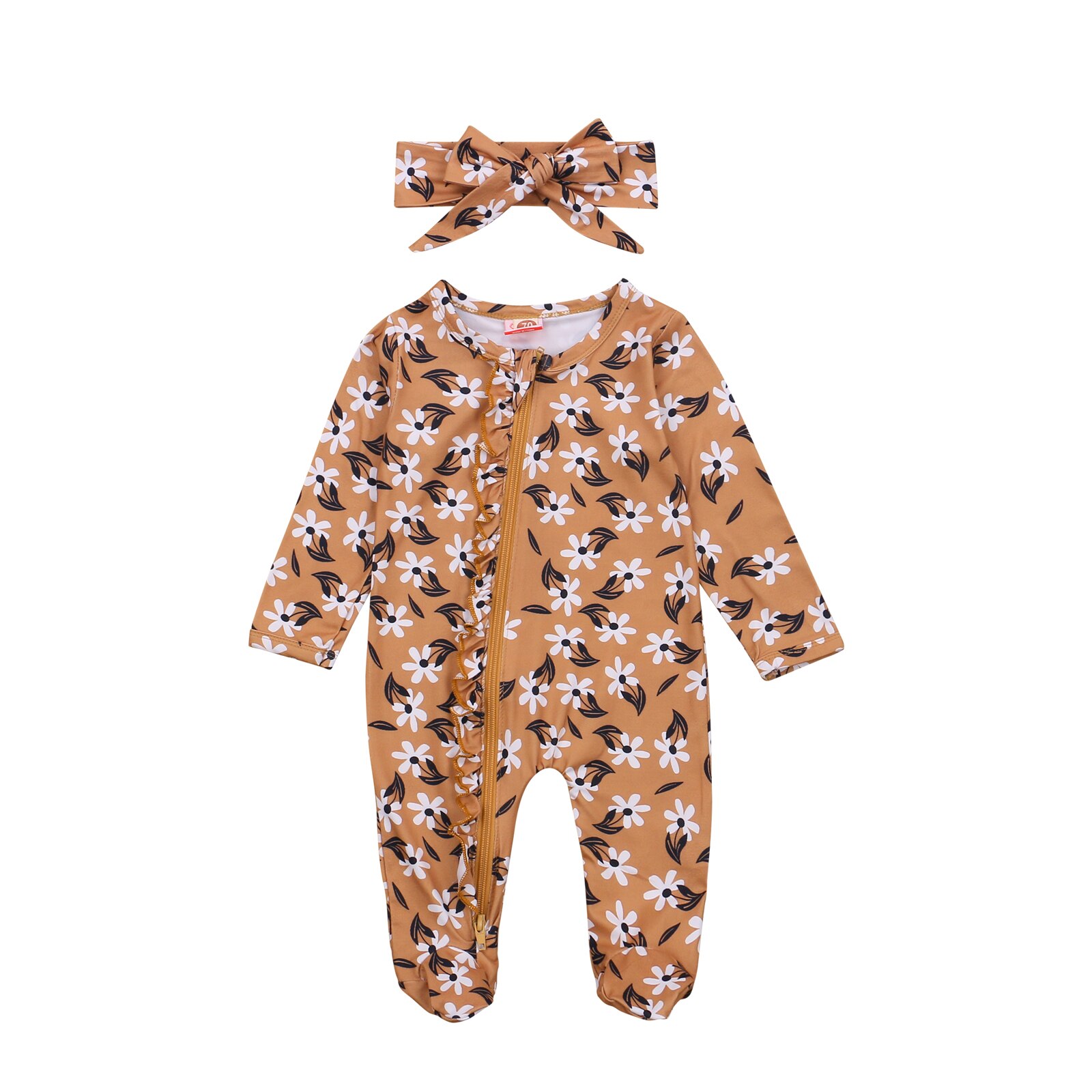 2 Pcs Newborn Baby Girls Boys Cars Footies Print Outfits, Infant Long Sleeve Round Neck Ruffle Footed Jumpsuit + Headband: Floral / 3M