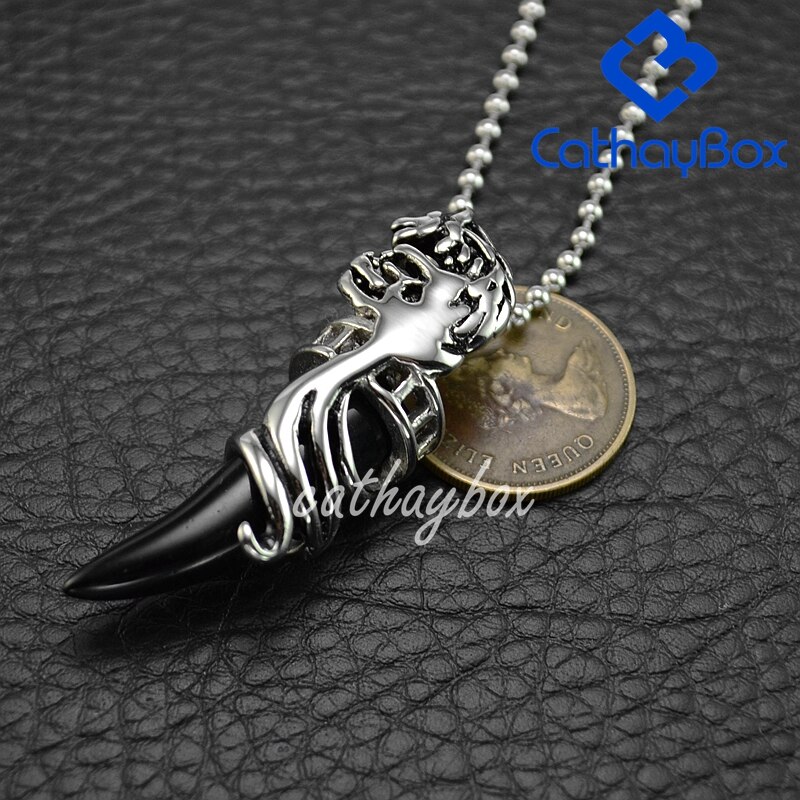 Black Enamel Stainless Steel Wolf Tooth Horn Charm Pendant Necklace W/SSChain 60cm