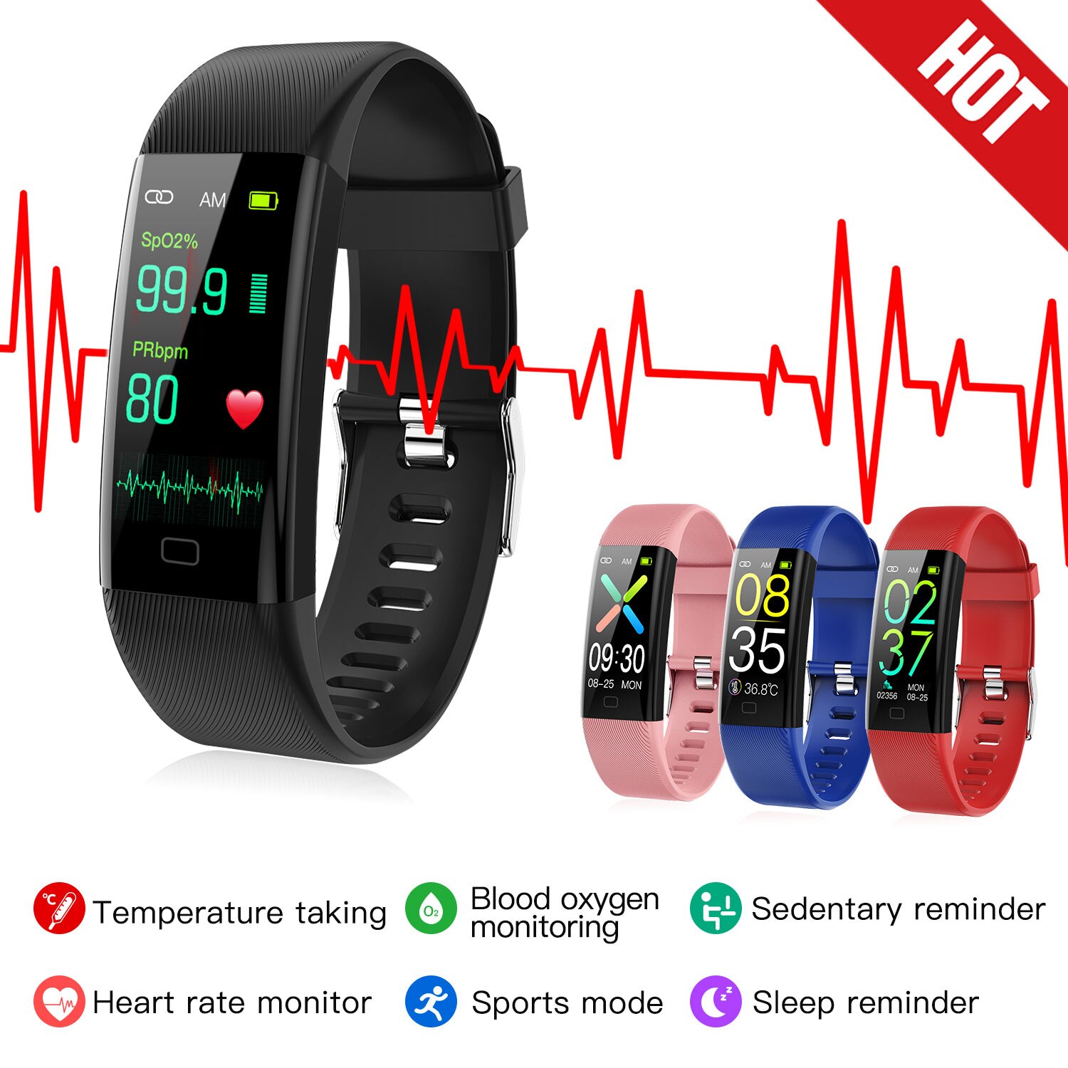 Bracelet connecté, montre intelligente, fréquence cardiaque, pression artérielle, oxygène dans le sang, oxymètre de pouls, multi-sport, BT, IP67, étanche, TFT