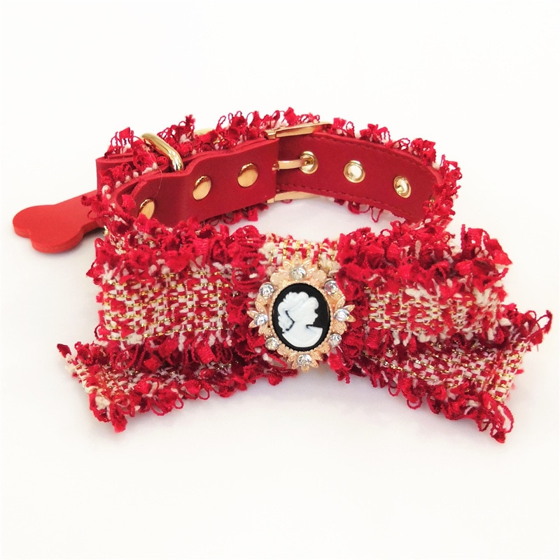Hundhalsband klassisk chi**el stil tweed vintage rosett husdjurshalsband hundtillbehör pudel maltesisk fransk dra italien