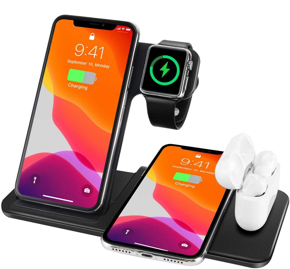 4 em 1 estação doca de carregamento sem fio para apple watch 5 4 3 iphone x xs xr 11 pro 8 airpods pro 15 w qi carregador rápido suporte: Type 1 Black