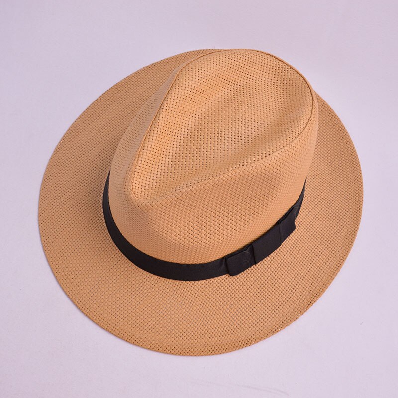 Women Men Straw Hat Summer Casual Beach Sun Panama Jazz Hat Unisex Fedora Cap With Black Ribbon: khaki