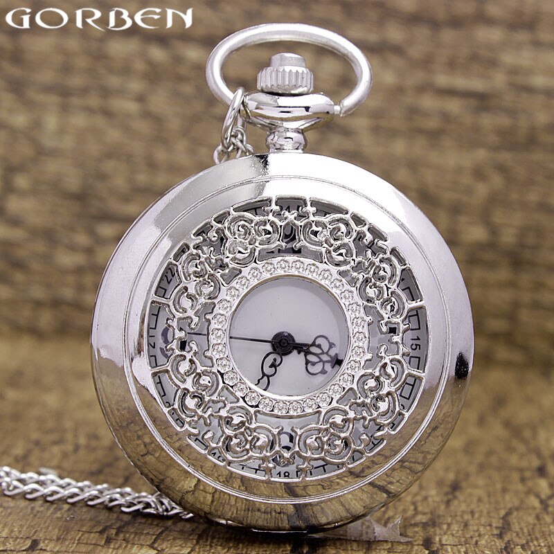 Gorben Pocket Watch Black Retro Round Hollow Quartz Pocket Watch Antique Men Women Pocket Watch With Necklace Pendant: Zilver