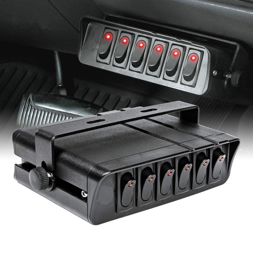 6 Gang Rocker Switch Box Universal for Cars Vehicles Boats 12-24V Waterproof 80A Switch Panel with LED Light Indicator