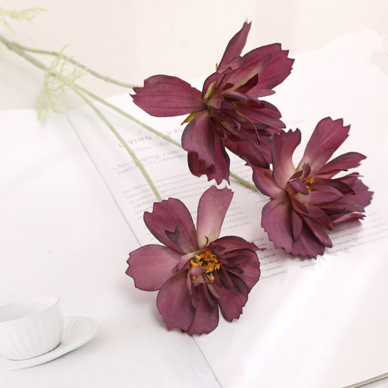 Gerbera kosmos konstgjorda blommor sidenbröllop bröllopsarrangemang tillbehör fest heminredning bord vas torkade växter: Plommon