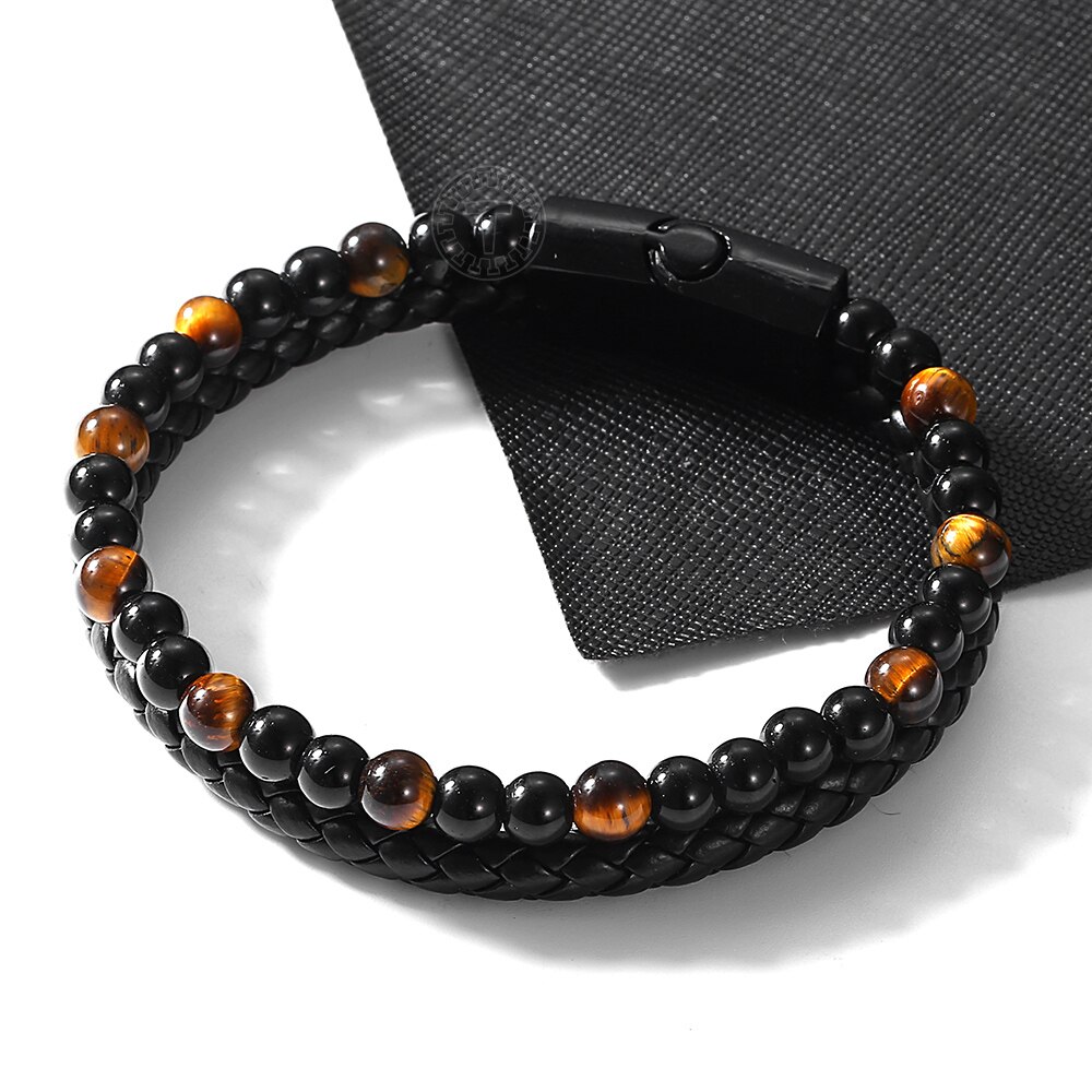 Double Layered Beaded Bracelet Yellow Tiger Eye Glass Bead Black Leather Bangle Magnetic for Him Male Jewelry DLB194