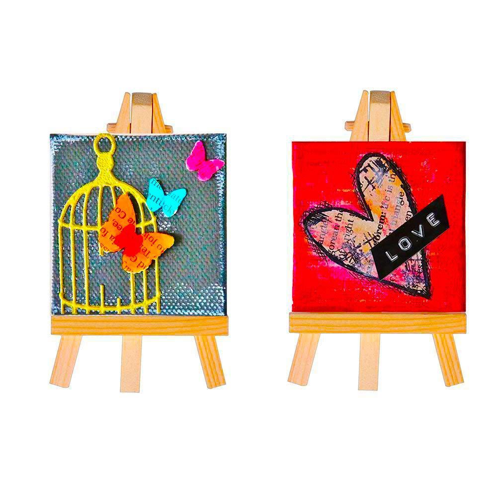 4 by 4 Inch Mini Canvas Panels Combined with 3 by 5 Inch Tiny Wood Easels Set for Paintings Craft Small Acrylics Oil Projects,