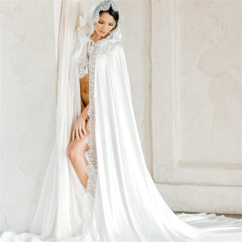 Zijde Satijn White Wedding Cape Bridal Shawl Zachte Kant Kathedraal Lengte Geappliceerd Lange Mantel Kerst