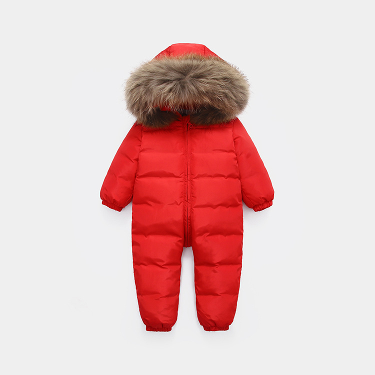 Kids Siamese Donsjack Jongens Blauw Winddicht Ski Donsjack Meisjes Rode Jumpsuits Donsjack Baby Warmte Dikke Winter Lange jas: Rood / 80cm