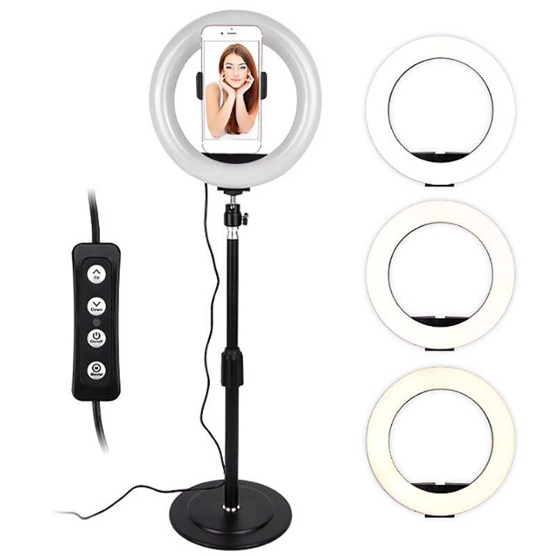 Suporte ao vivo do telefone móvel, luz multifuncional do anel led pode ser escurecido desktop beleza ao vivo selfie foto luz apoio