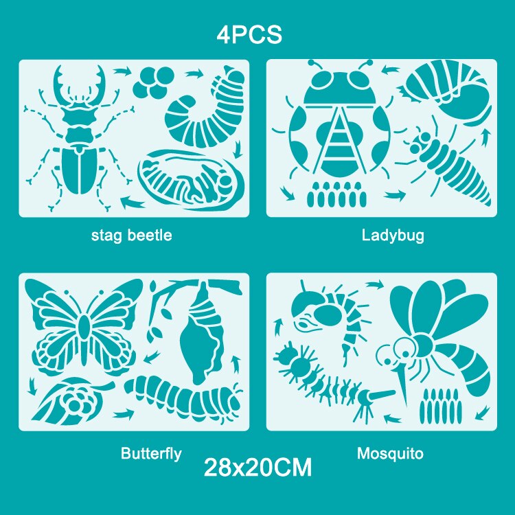 Simulation Animals Life Cycle Model Ladybug Butterfly Hen Turtle Frog Ant Figurine and Stencils Drawing Educational Toys: 4PCS Stencils B