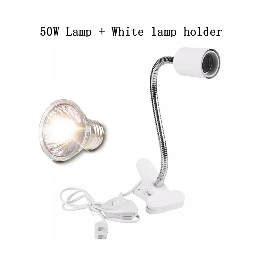 Reptil uva uvb lampe med clip-on pære lampeholder sett skilpadde basking uv varme lampe pære sett skilpadder øgler lys belysning: 50w og hvit holder